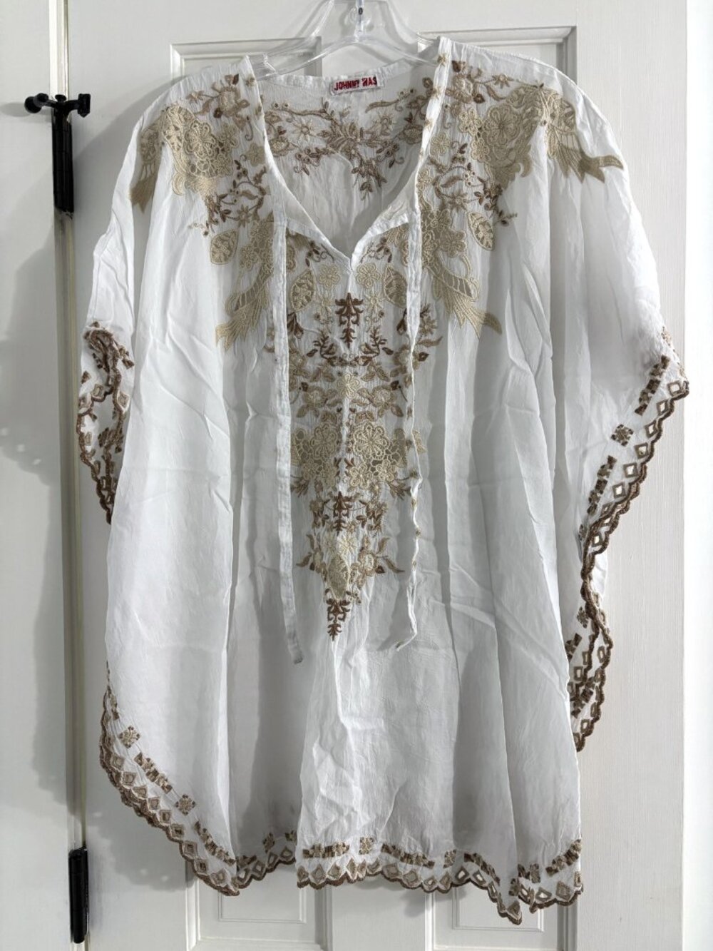 Johnny Was White Embroidered Sheer Cape Sleeve Tunic Top Cutwork Trim - Large